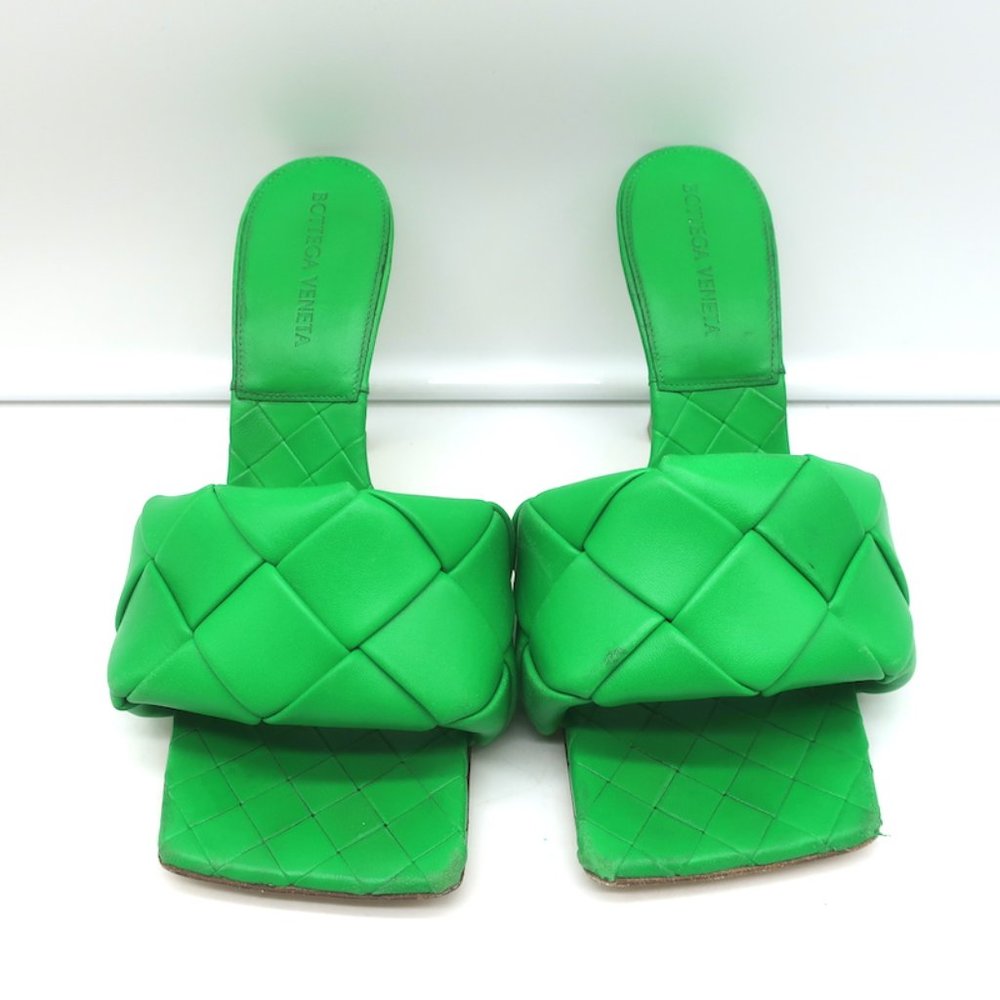 BOTTEGA VENETA LIDO MULES GRASS INTRECCIATO LEATHER SIZE 37.5 HIGH HEEL SANDALS - Picture 4 of 12